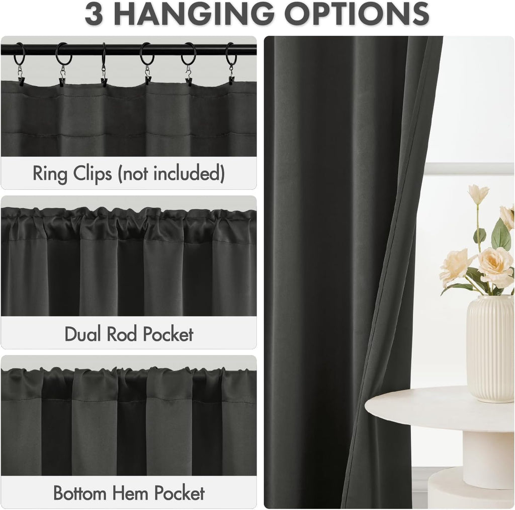 Blackout Curtains 4 Panels Sets Dark Grey 84 Inch Length, Top and Bottom Rod Pocket Room Darkening Curtains for