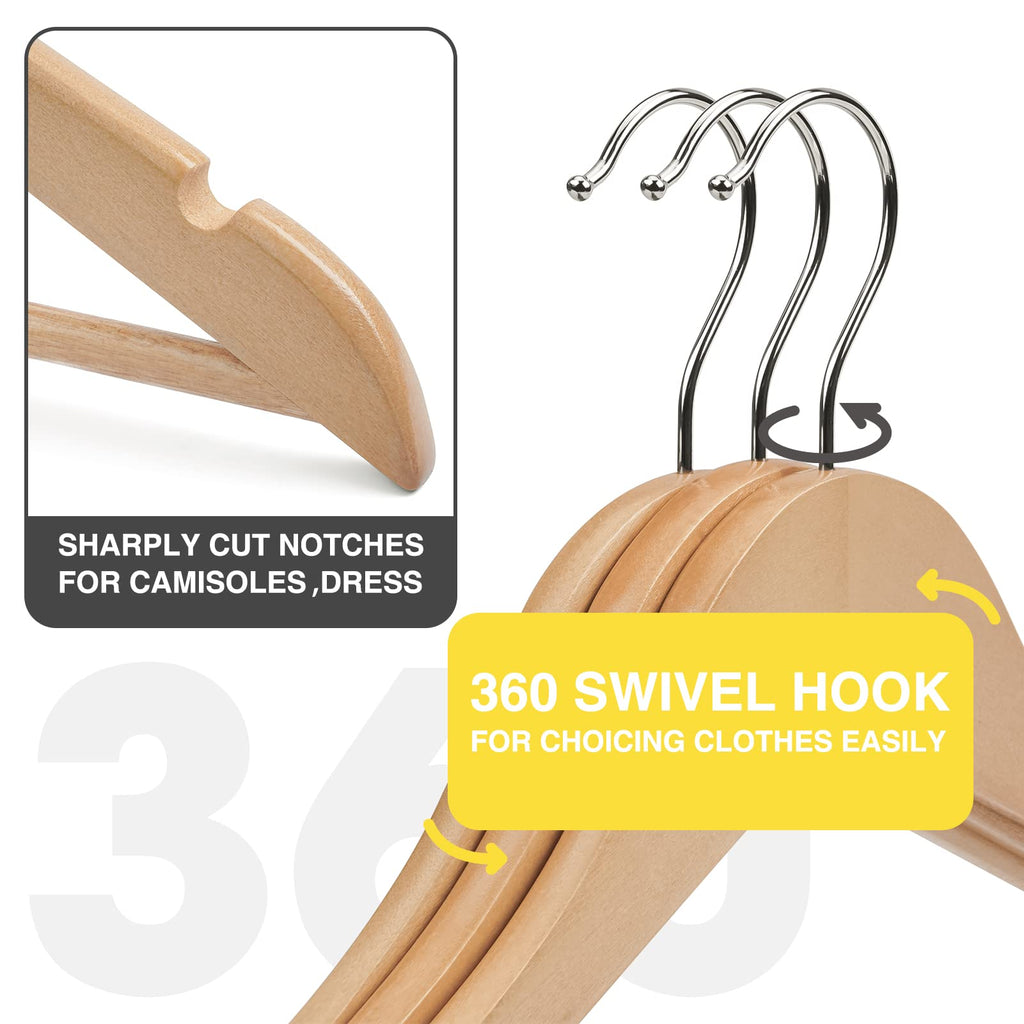 Wooden Hangers 30 Pack, Smooth Finish Wood Clothes Hangers, Natural