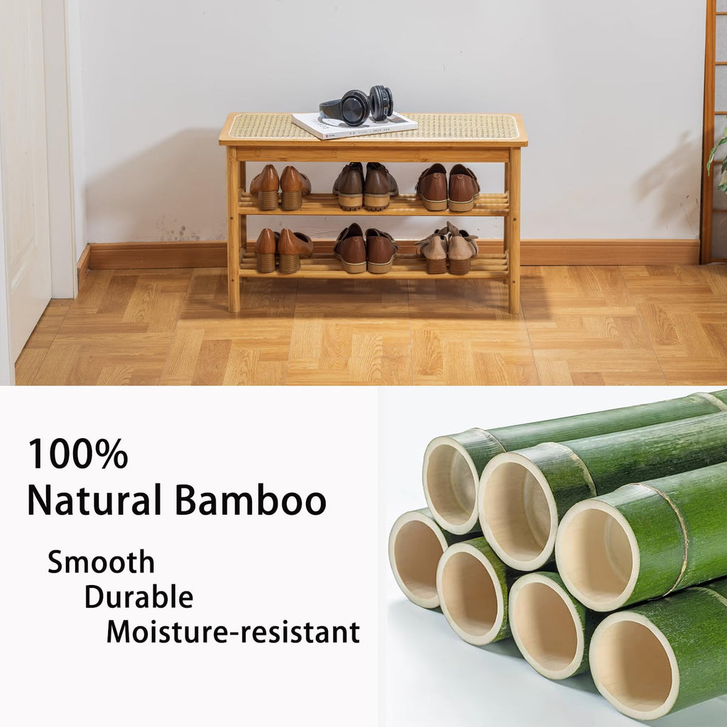 Shoe Rack Bench, 3-Tier Bamboo Shoe Bench with Breathable Rattan Seat Cushion, Shoe Storage Rack (Nautre, 31.50''L)
