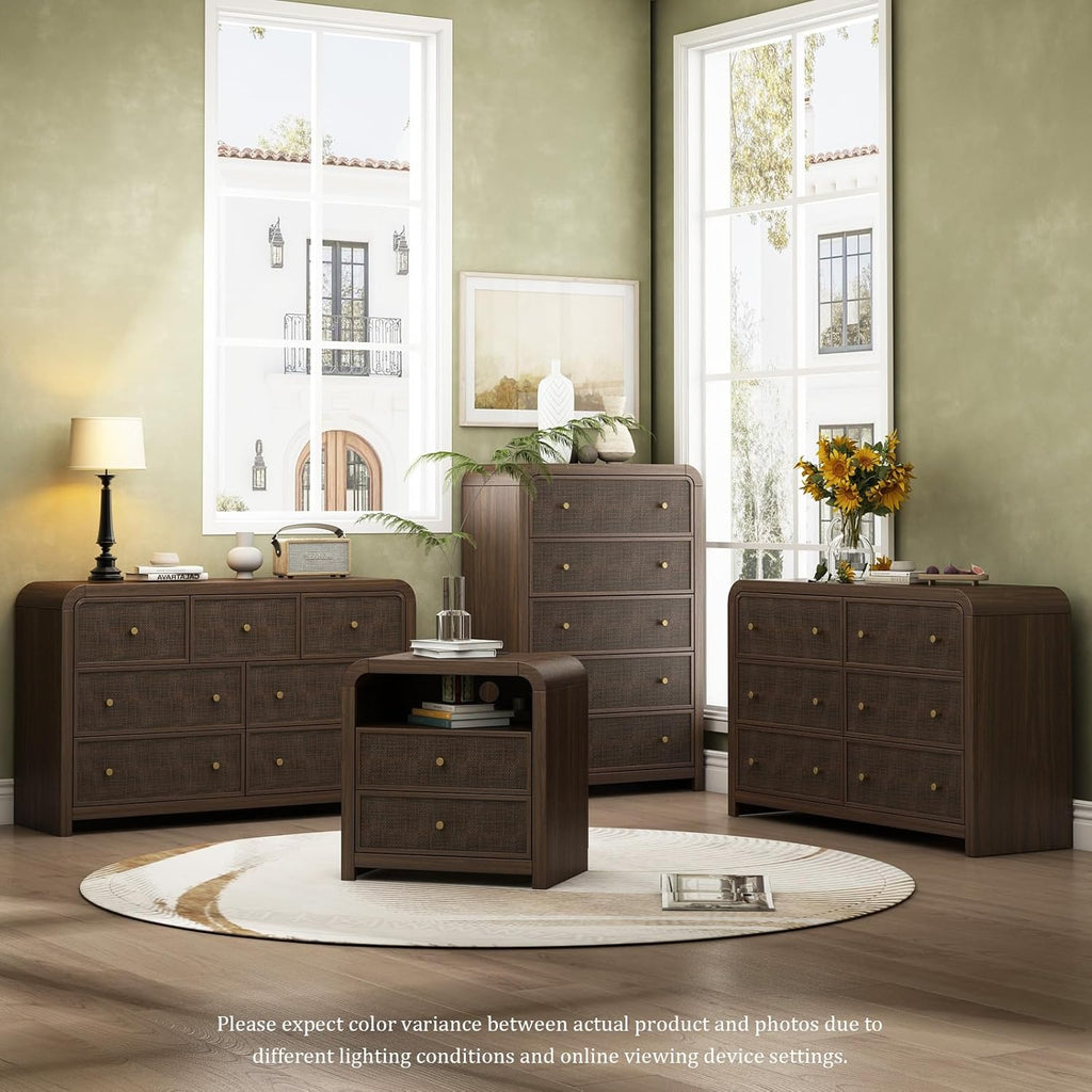 5 Drawer Tall Dresser , 47'' Rattan Dresser with Ample Storage, Boho Chest of Drawers, Thickened Curved Profile