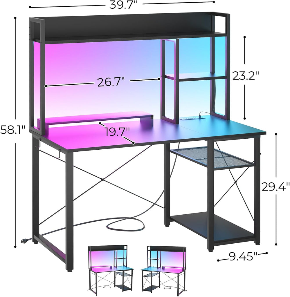 Gaming Desk with Hutch, 39'' Computer Desk with LED Lights & Power Outlets, Home Office Desk with Reversible 5 Tiers