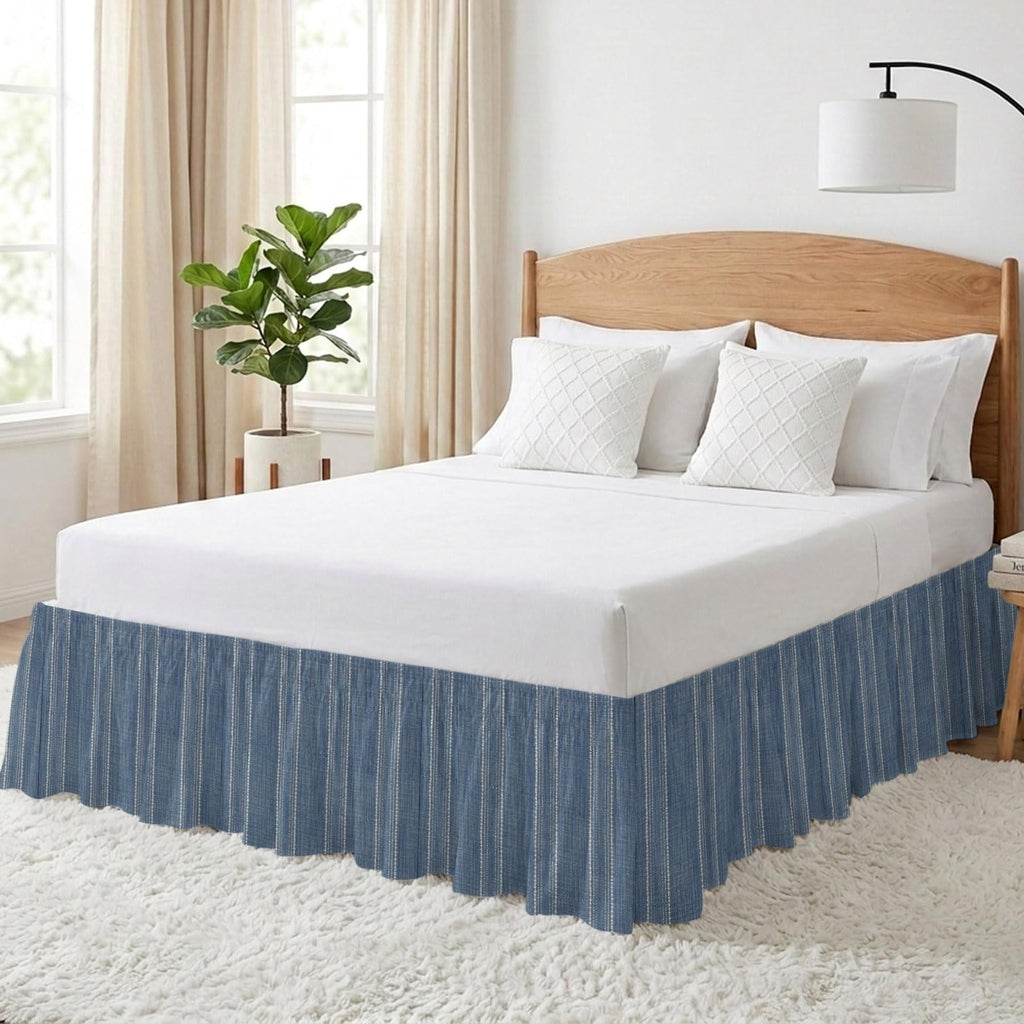 Bed Skirt Denim Blue Linen Stripes Bedskirt 18 Inch Drop Parallel Vertical Lines Adjustable Elastic Wrap Around Bed