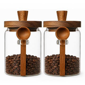 Set of 2 Glass Coffee Canisters, 20.3 oz Jars with Spoons