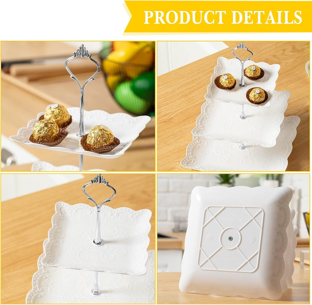 Tiered Serving Tray White Plastic Dessert Tower, Silver - Set of 6