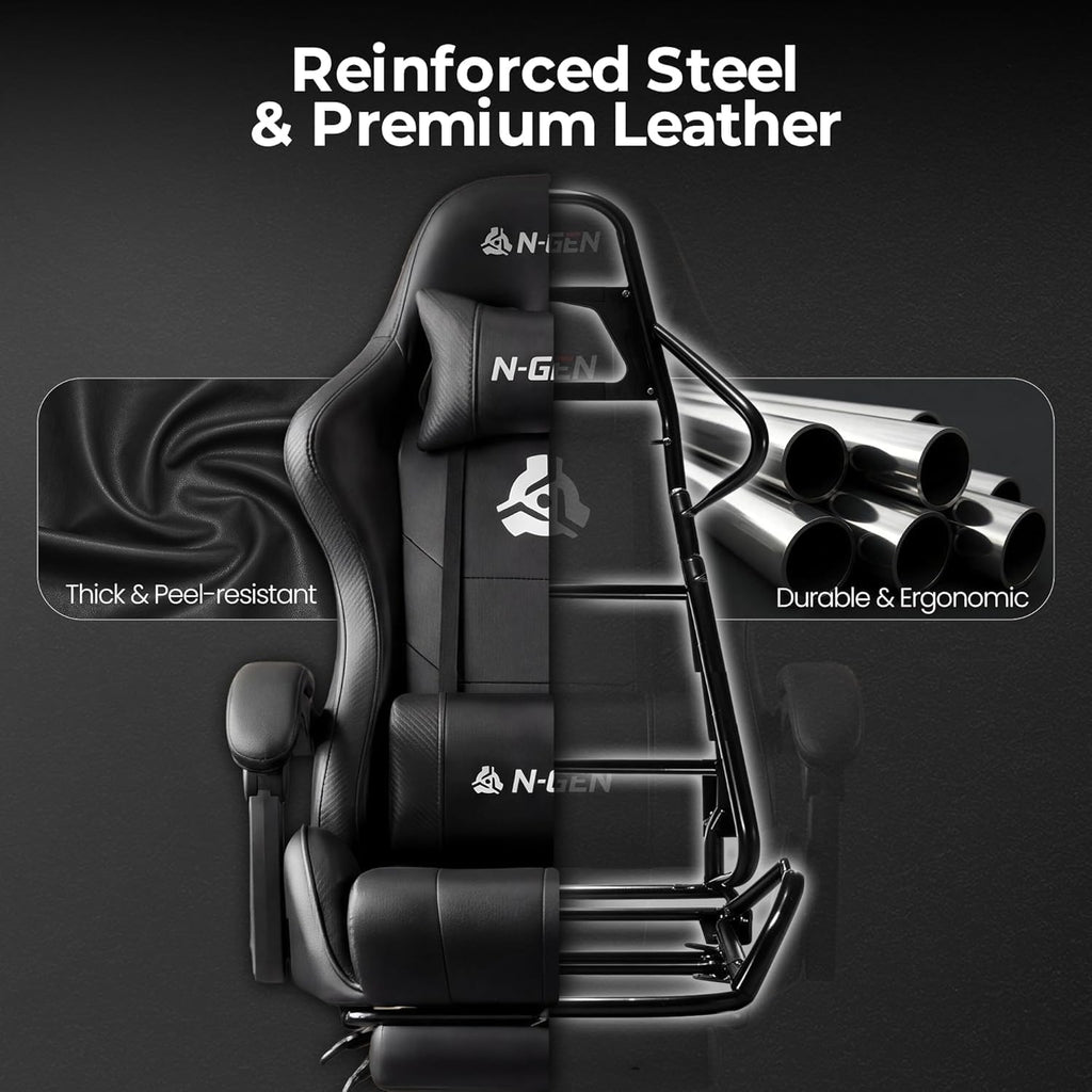 Gaming Chair with Footrest, Lumbar Support, High-Back, Black | Reclining Backrest, Linkage Armrests, Durable PU