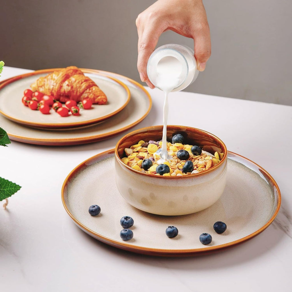 Ceramic Dinnerware Sets for 4,12-Piece Plates and Bowls,Handmade Reactive Glaze Dishes Set,Chip Resistant and Scratch