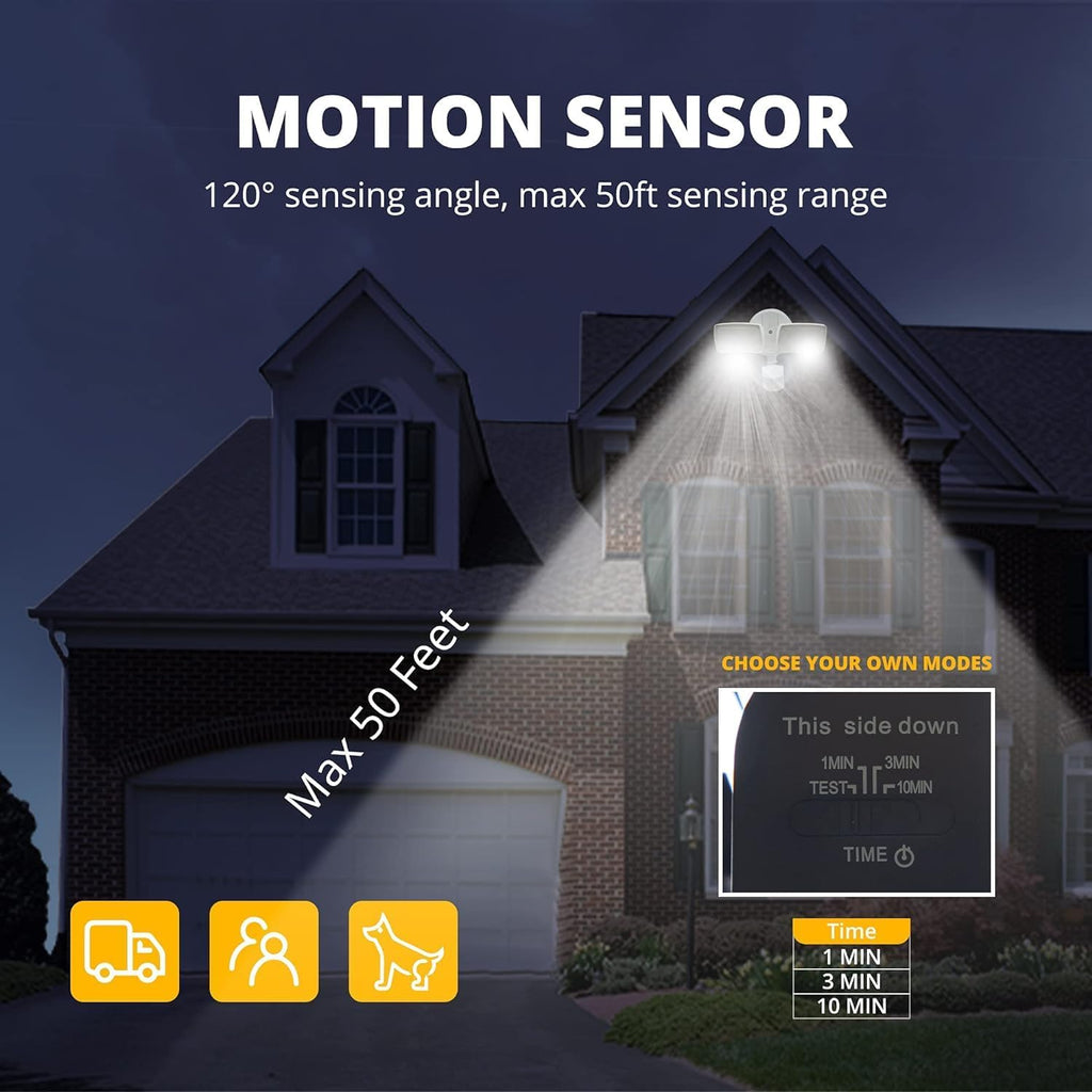 2 Pack 19W LED Flood Light Motion Sensor Outdoor, 2 Adjustable Head, 2000LM, 5000K, IP65 Waterproof, Dusk to Dawn