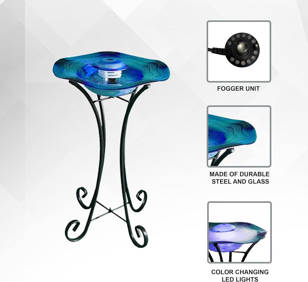 27" LED Mist Indoor Floor Fountain, Freestanding Water Feature with Inline Control, Aromatherapy, Glass & Metal, Blue