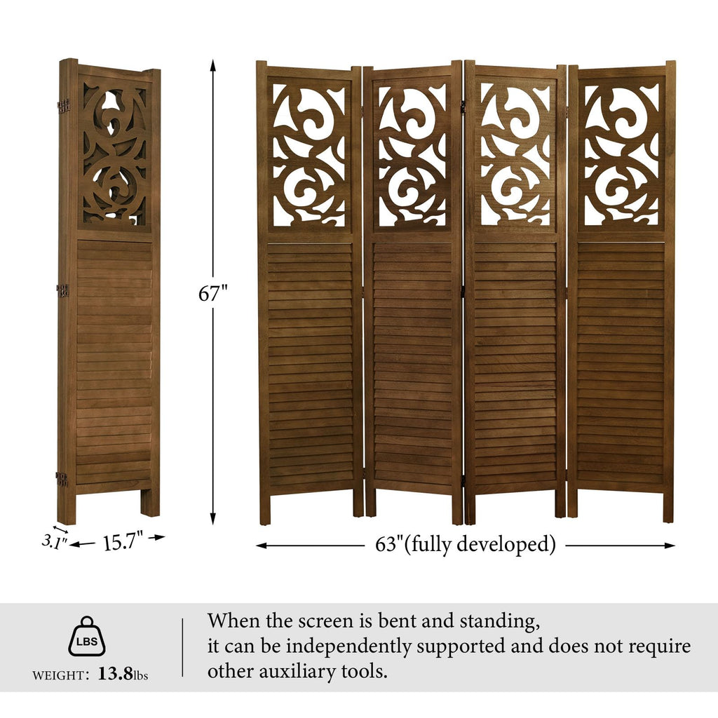 Folding Room Divider, 5.6Ft 4 Panels Wood Carved Privacy Screens, Free Assembled Freestanding Portable Reversible