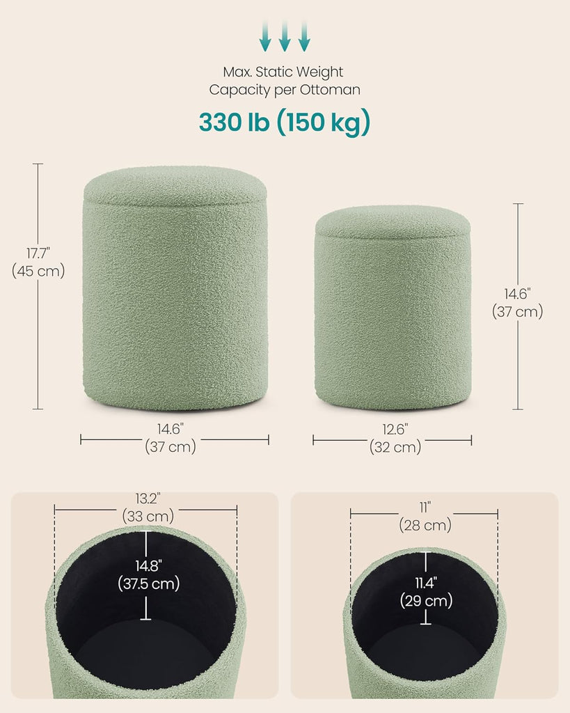 Vanity Stool, Set of 2, Round Storage Ottoman, Teddy Fleece | Small Coffee Table, Removable Lid, Easy Assembly