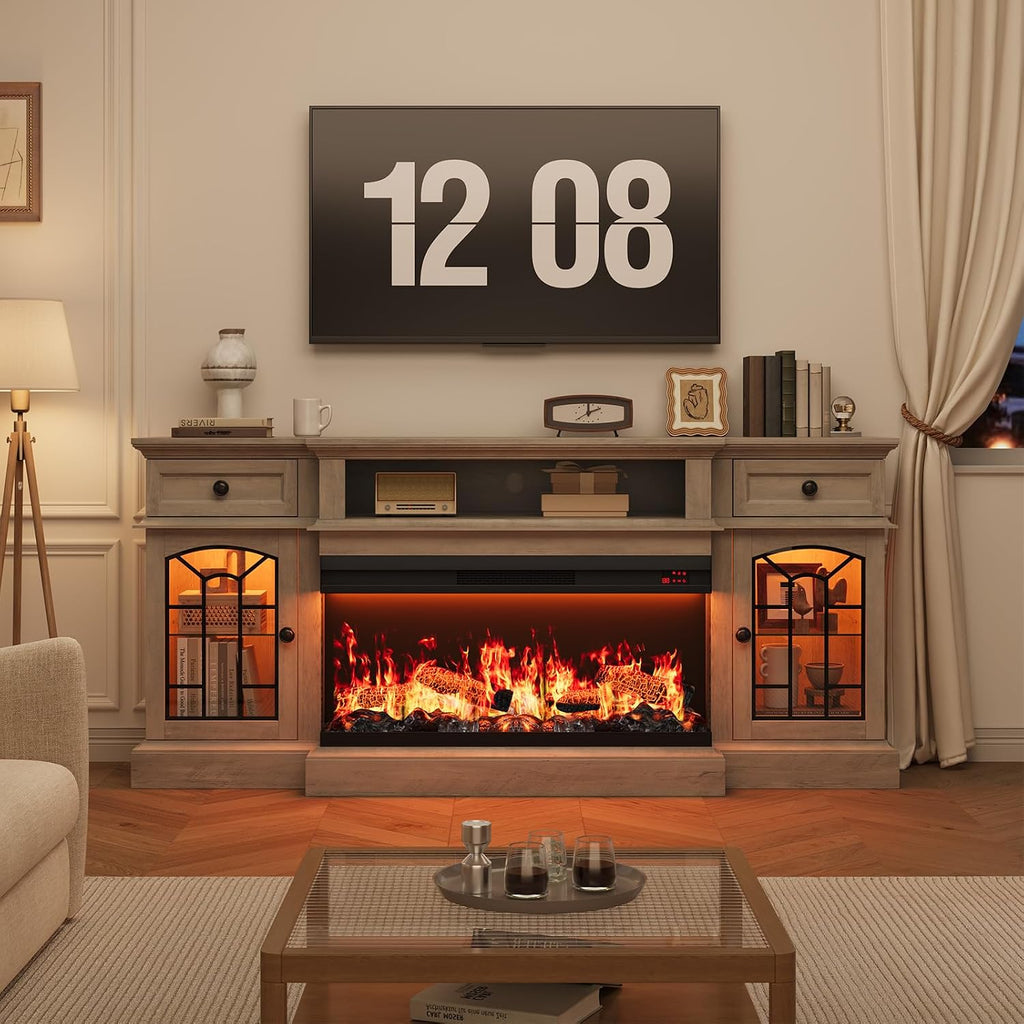 70" Farmhouse Fireplace TV Stand for TVs up to 80", Entertainment Center with 36" 3-Side Glass Electric Fireplace