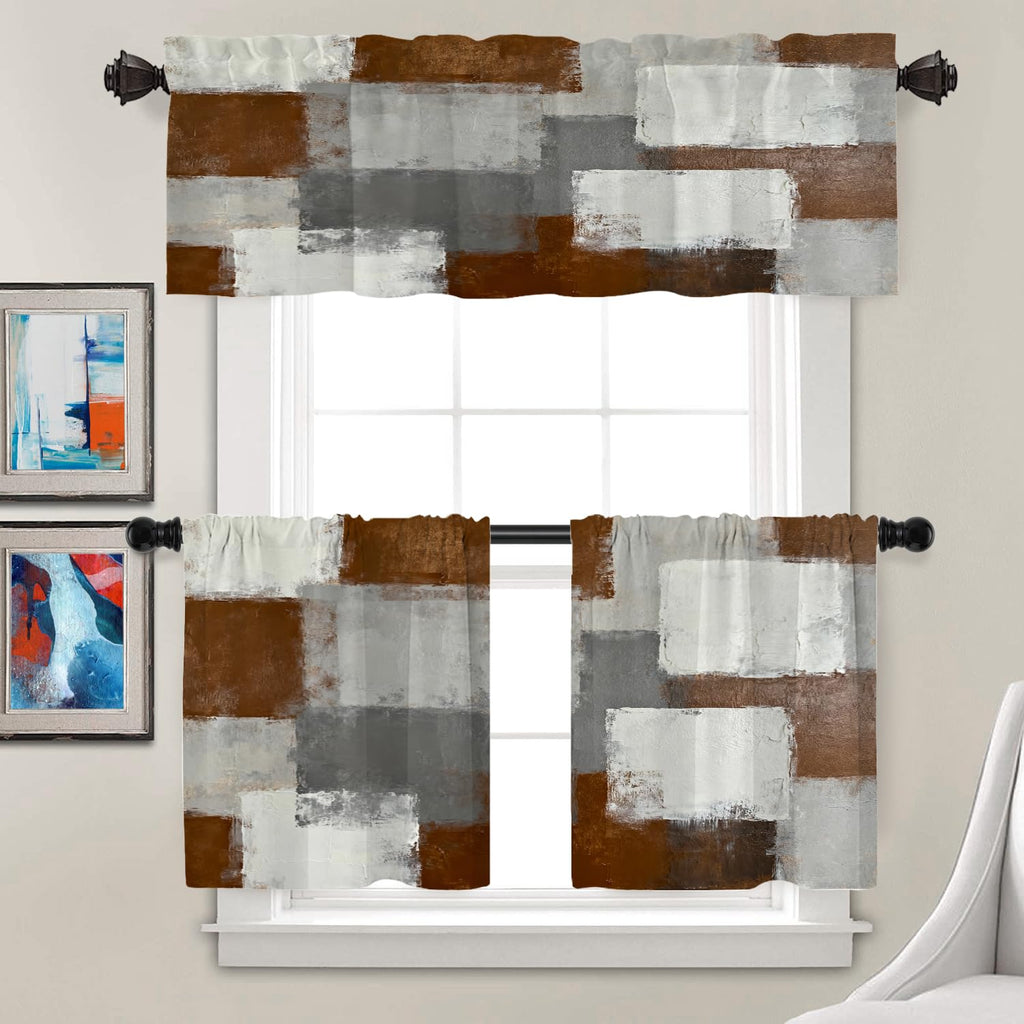 Umber Abstract Brush Painting Valance Curtains, Green Modern Window Treatment Kitchen Valances Multilayer Polyester