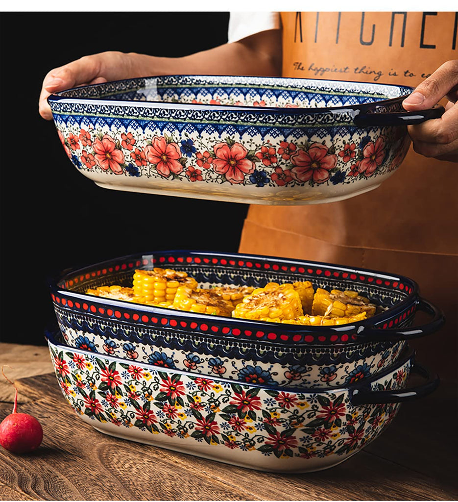 Vintage Style Pottery Bakeware Ceramic Casserole Dish Baking Pan Lasagna Pans Baking Dish with Handles for