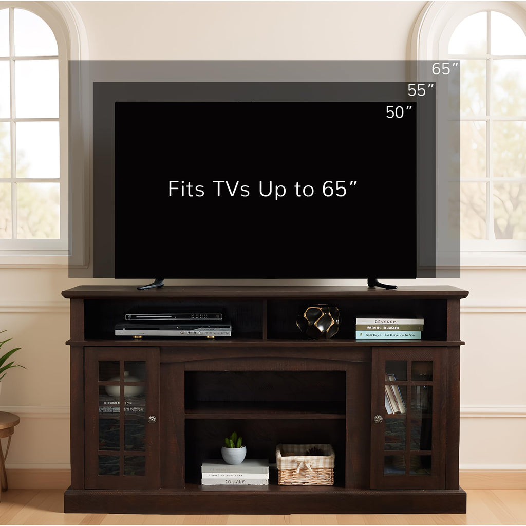 Traditional American Country Style TV Stand with Glass Door, 58"W Large Entertainment Center with Open Shelves, Home