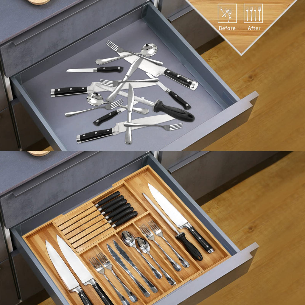 Bamboo Silverware Drawer Organizer, 7 Slots, Natural