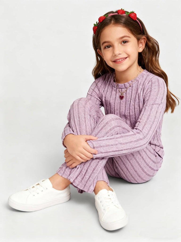 Toddler Girls Clothes Ribbed Color Block Pullover Tops + Flare Pants Set Fall Outfits