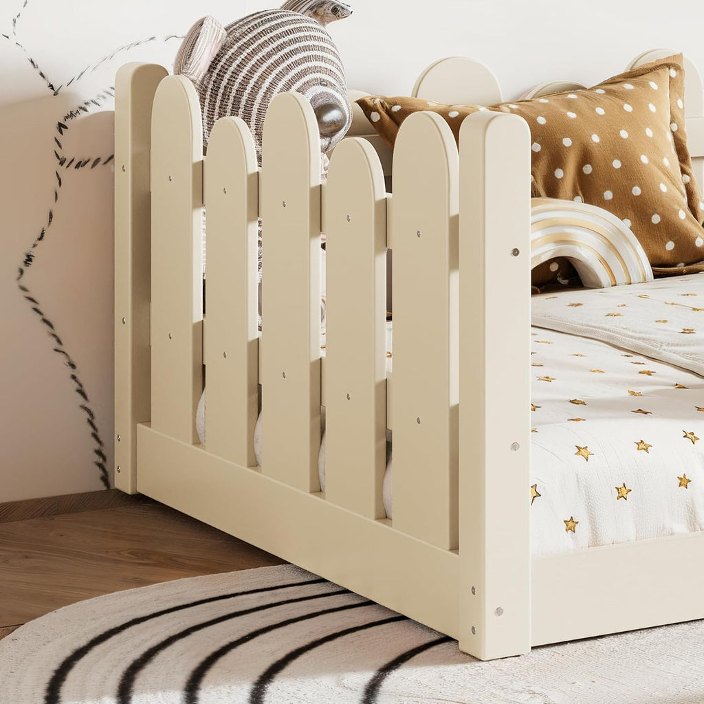 Twin Size Montessori Floor Bed with High Fence and Safety Guardrail, Solid Wood Floor Bed with Slats for Kids, Boys