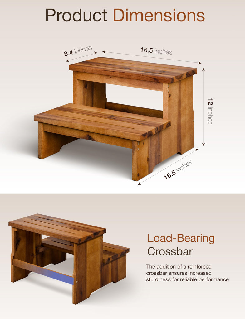 16.5" Acacia Wood Long Step Stool for Adult, 300LBS (Patent Pending)