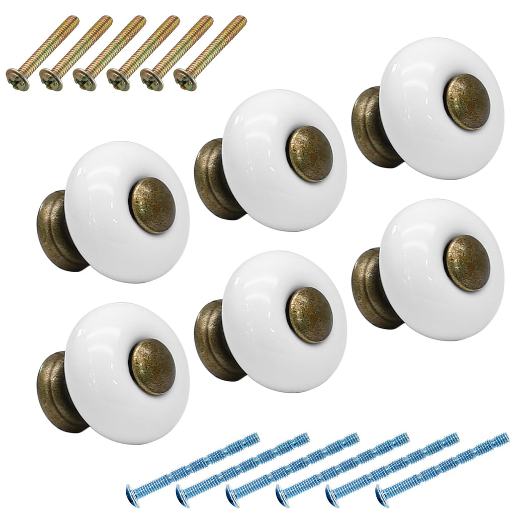 6pcs White Ceramic Cabinet Knobs, Small Round Drawer Knobs