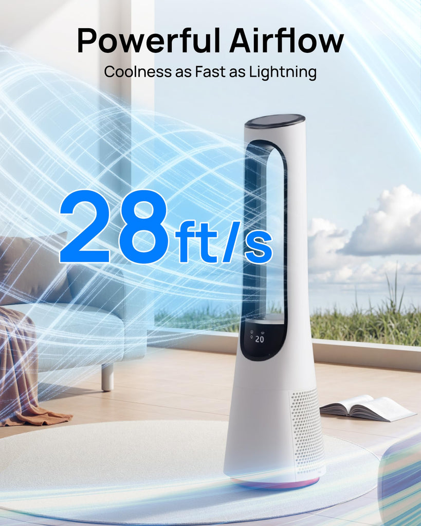 38" Bladeless Tower Fan, 120° Oscillation Quiet Standing Fans, 20 Speeds & 4 Modes, Ambient Light, Remote Control
