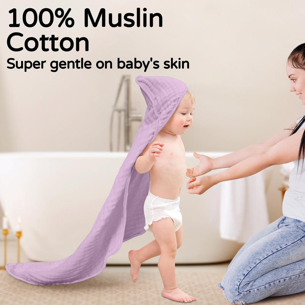 Hooded Baby Bath Towels 2 Pack 100% Muslin Organic Cotton with Hood