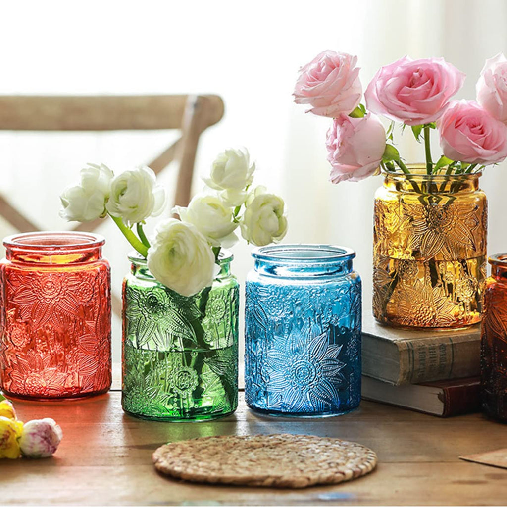 2-Pack Green Vintage Glass Jars, 23.7 oz Sunflower Embossed Food Canisters