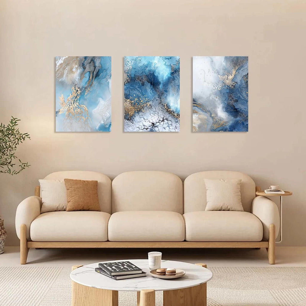 3 Piece Canvas Wall Art, Modern Abstract Blue and Gold Marble Ink Framed Wall Decor Bedroom Office, 12x16 Inch, with
