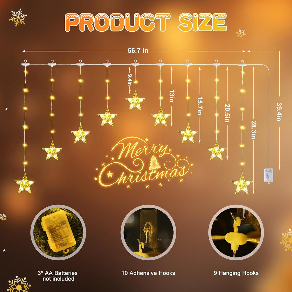 Christmas Window Lights, 76LED 9 Stars IP65 Battery Operated Star Curtain Lights 11 Modes with Timer, Xmas Decoration