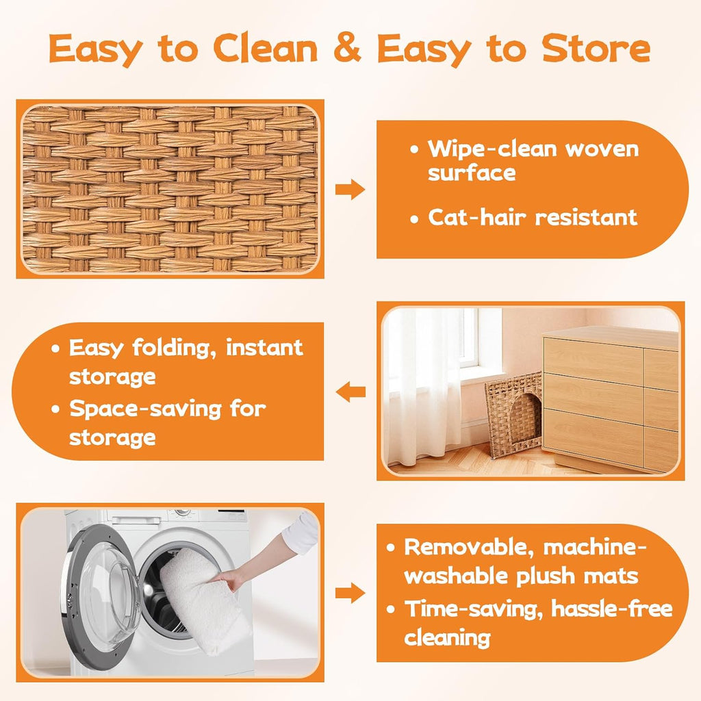 Handwoven Rattan Cat House - Indoor Foldable Cat Bed Cave with 2 Removable Bed Mats, Large Kitten House, Hideaway Pet