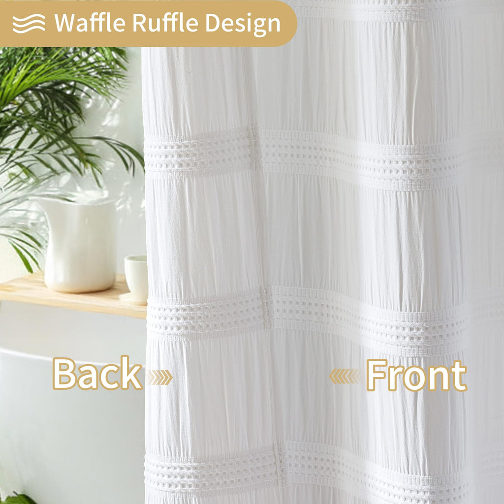 Extra Long White Shower Curtain Farmhouse, 72 x 84 Cotton Blend Waffle Tufted Striped Chic Textured Fabric Shower