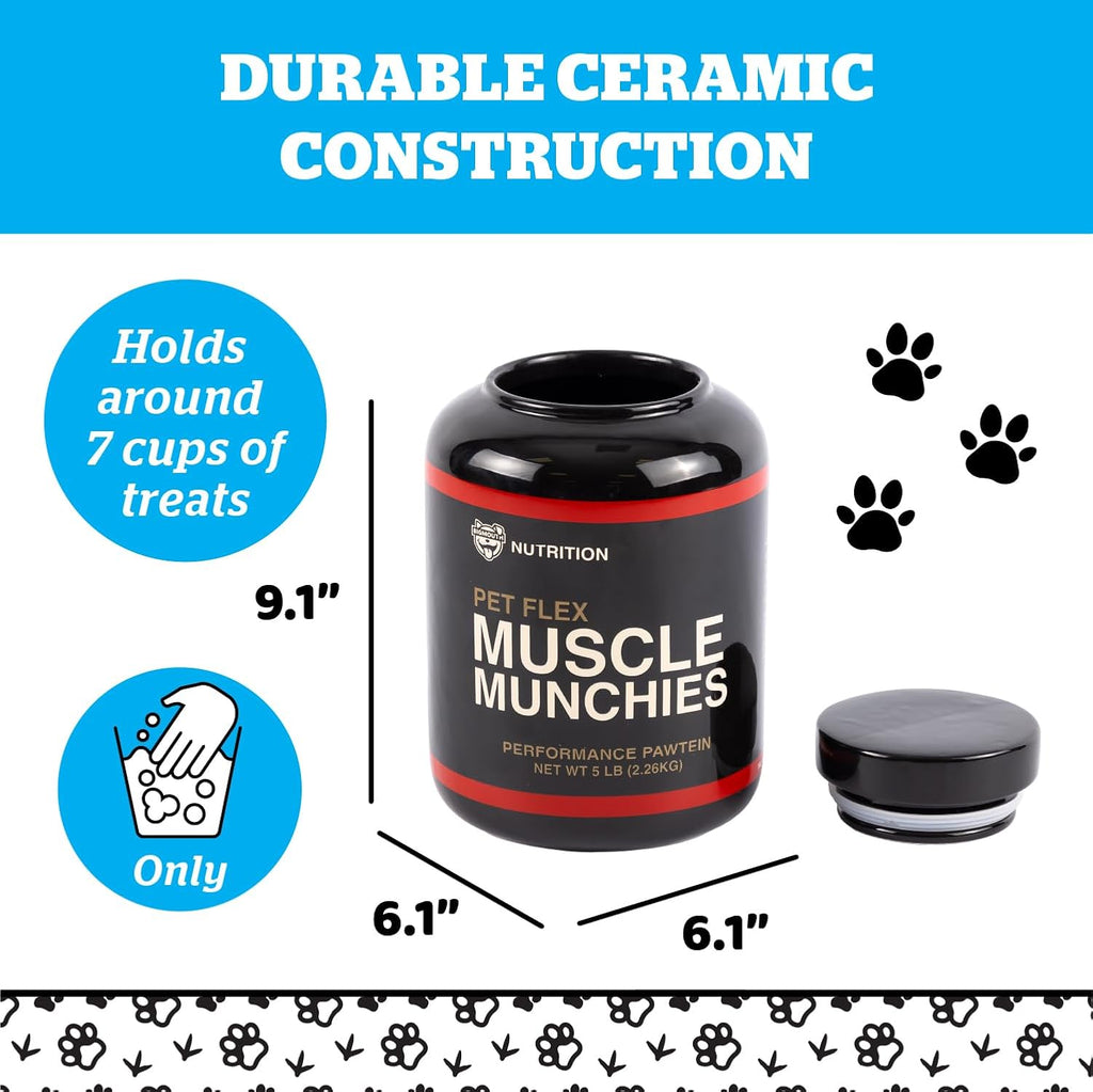 Muscle Munchies Treat Jar for Dogs, Funny Dog Treat Container, Air-tight Ceramic Jar, 8" x 6"