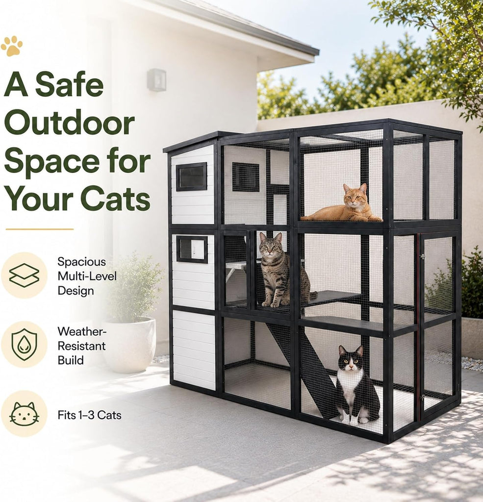 Large Outdoor Cat Enclosure Catio, 77.4" Wooden Multi-Level Cat House with Weatherproof PVC Roof, Wire Mesh, Ramp &