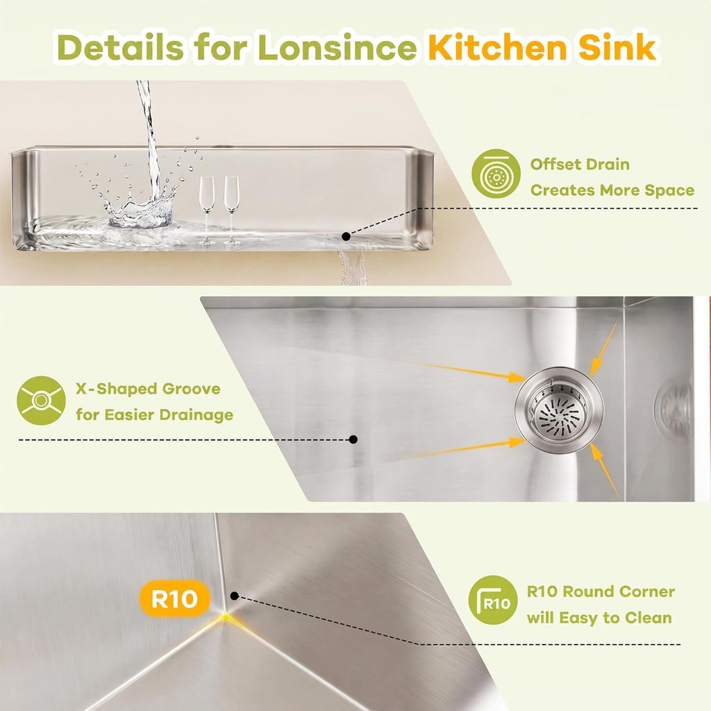 Undermount Kitchen Sink 32 inch,16 Gauge Stainless Steel Workstation Sinks,Large Single Bowl Kitchen Sink Offset