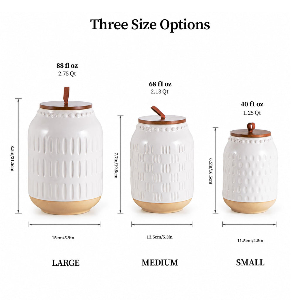 Ceramic Canister Set, 3-Piece White Jars with Bamboo Lids