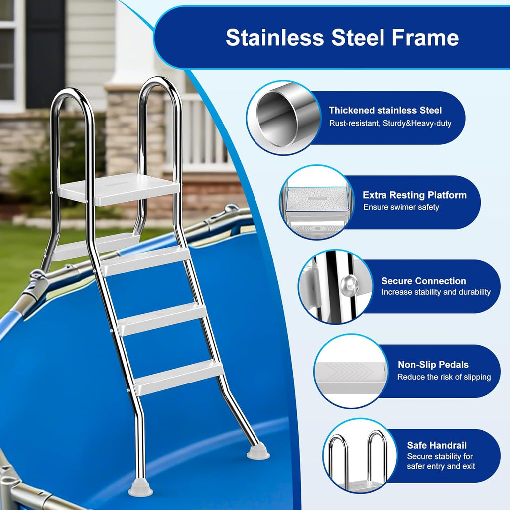 Above Ground Pool Ladder, 304 Stainless Steel A-Frame Pool Ladder with Top Platform, Non-Slip 3-Step Treads
