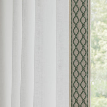 White Colour Linen Curtain Panels with Embroidered Trim Design, Pinch Pleat Curtains, Semi-Sheer Curtains for Sliding