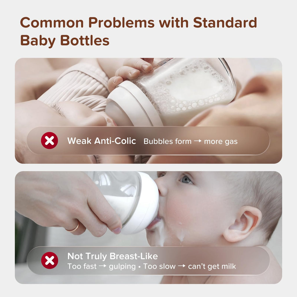 Anti-Colic Glass Baby Bottle for Breastfed Infants, Natural Feeding, Breast-Like Newborn Extra Slow Flow Nipple