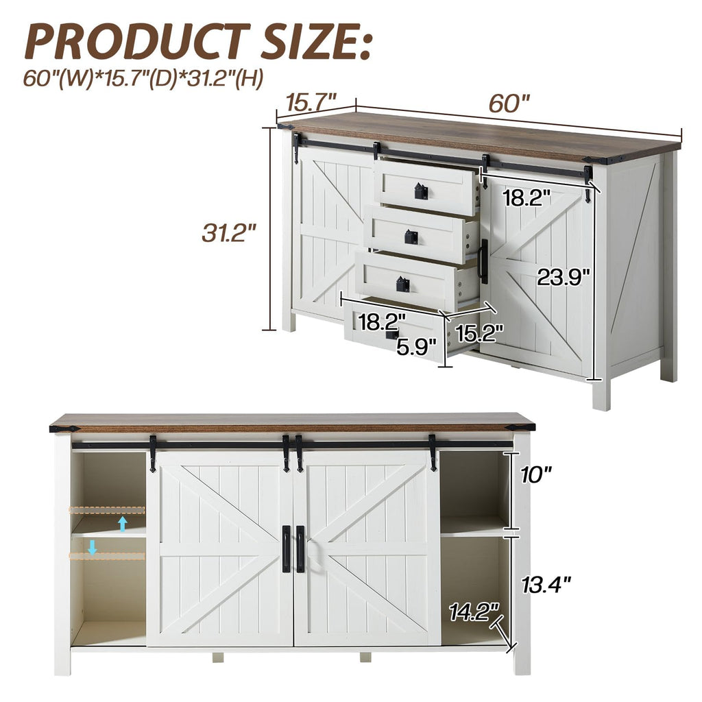 60" Farmhouse 4-Drawer with Barn Doors, Rustic White
