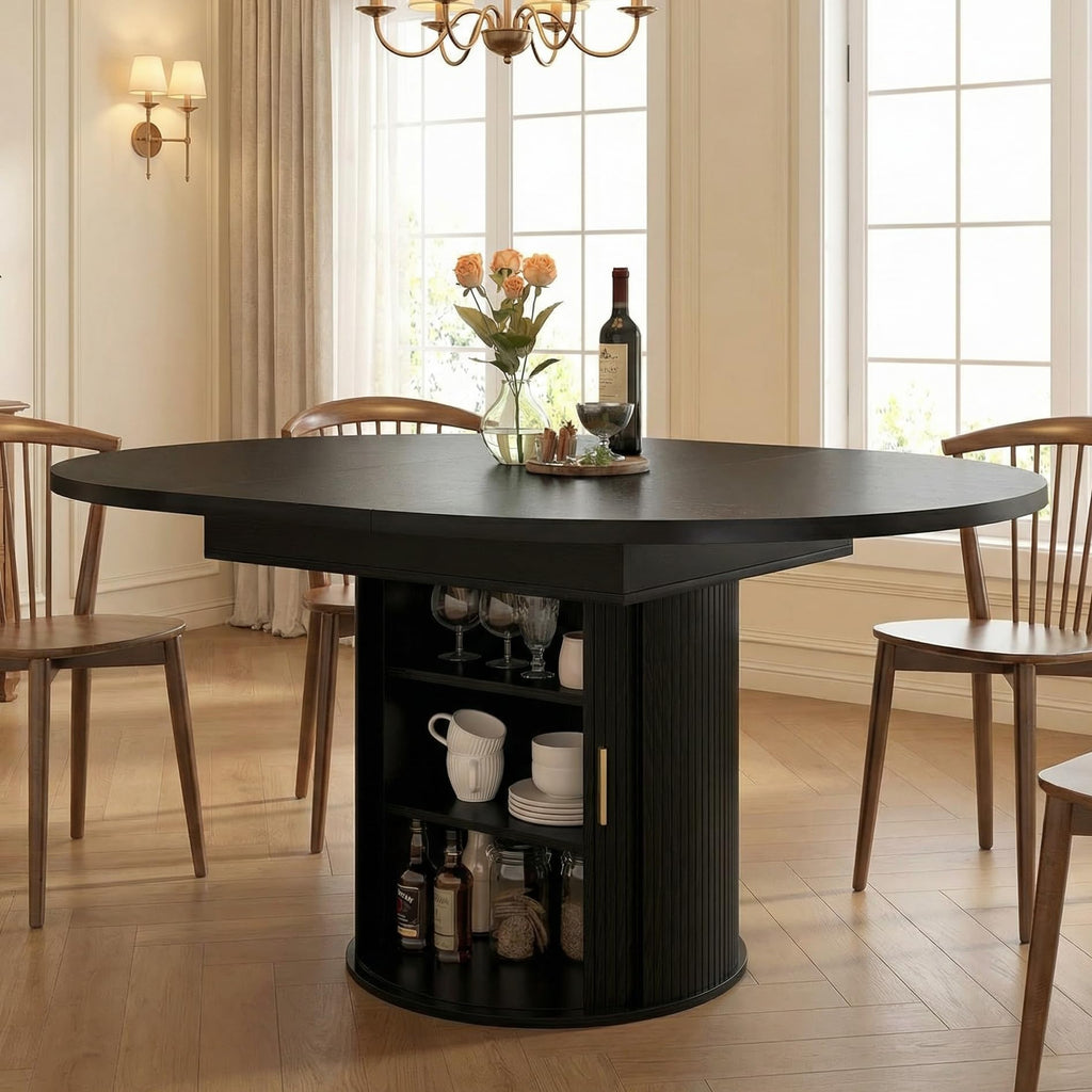 Round Dining Table: 47′′-63′′ Kitchen Table for 4 6 8 with Dust-Proof 2-Tier Storage Shelf Space Saving, Modern