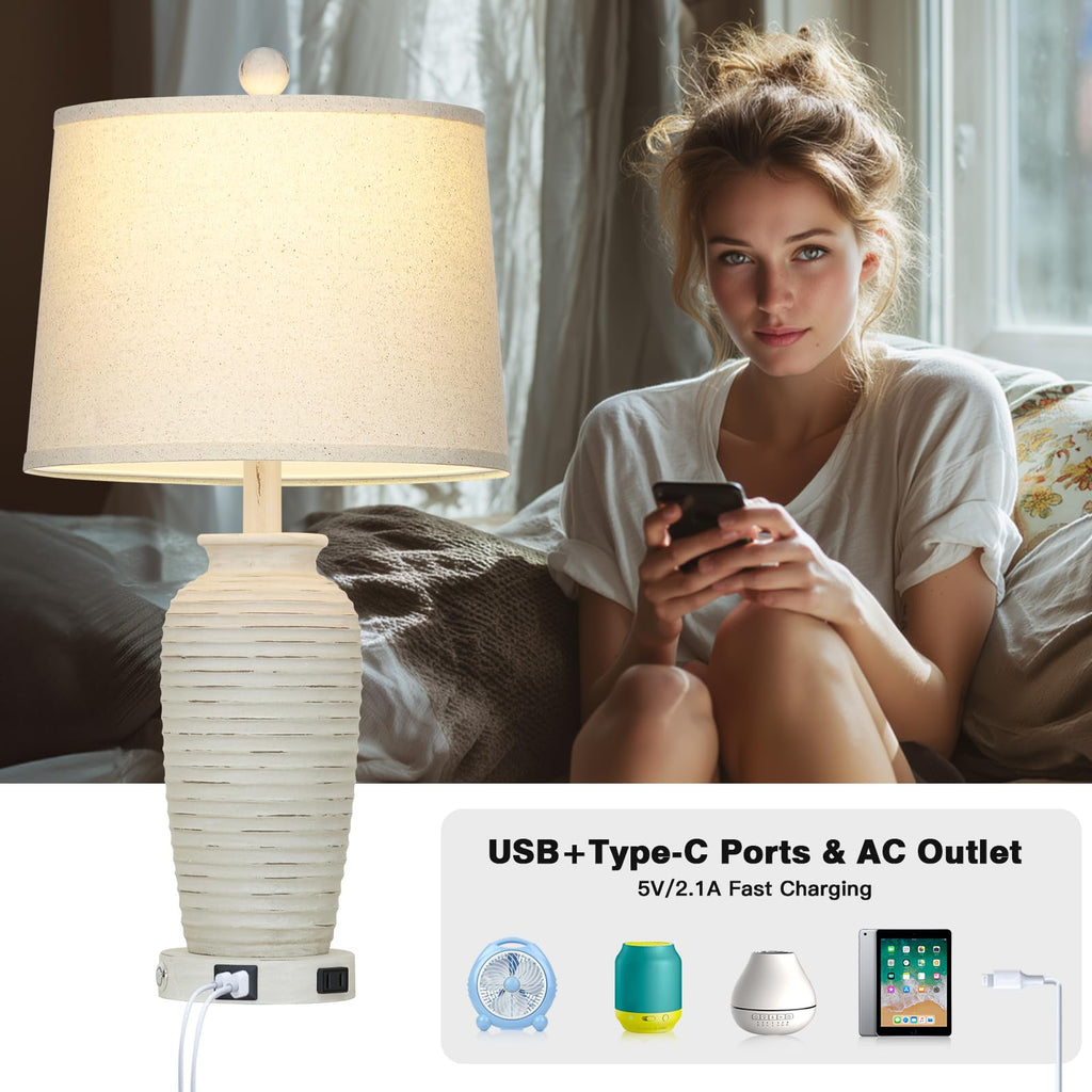 25" Retro White Farmhouse Jar Table Lamps Set of 2, 3 Way Touch Control Rustic Bedside Lamps with USB A+C Ports & AC