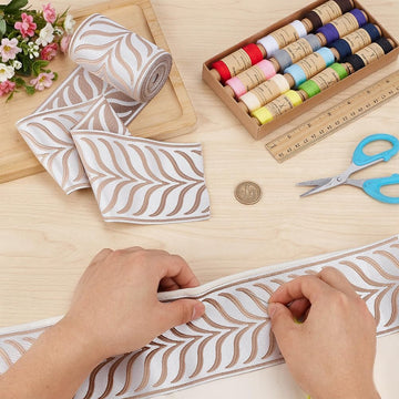 5M Jacquard Ribbon Trim 3.4 Inch Leaf Striped Jacquard Polyester Ribbons Camel Leaf Jacquard Woven - 5.5 Yards
