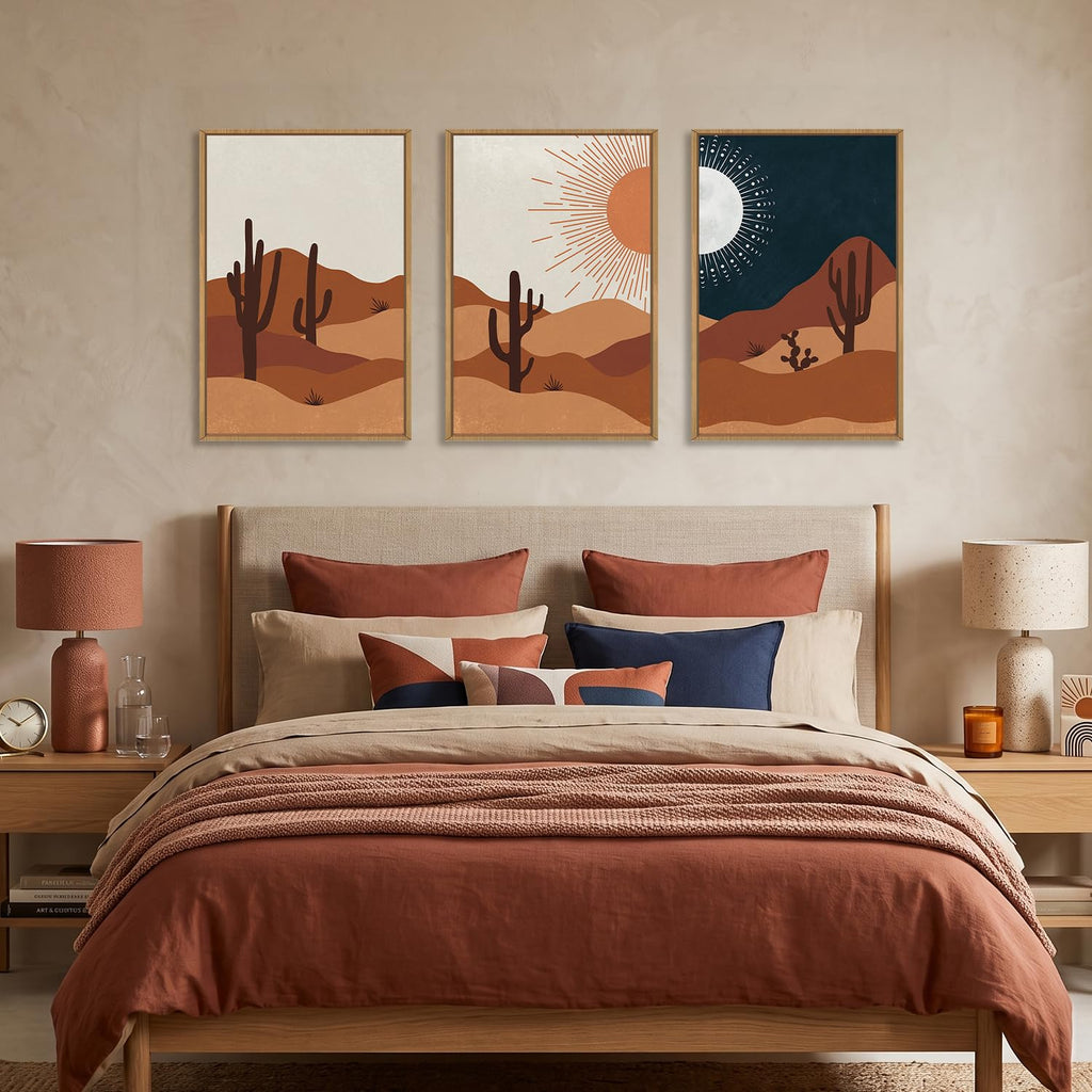 Boho Desert Framed Canvas Wall Art, Abstract Sun Moon Wall Decor, Modern Cactus Landscape Painting, Mid Century