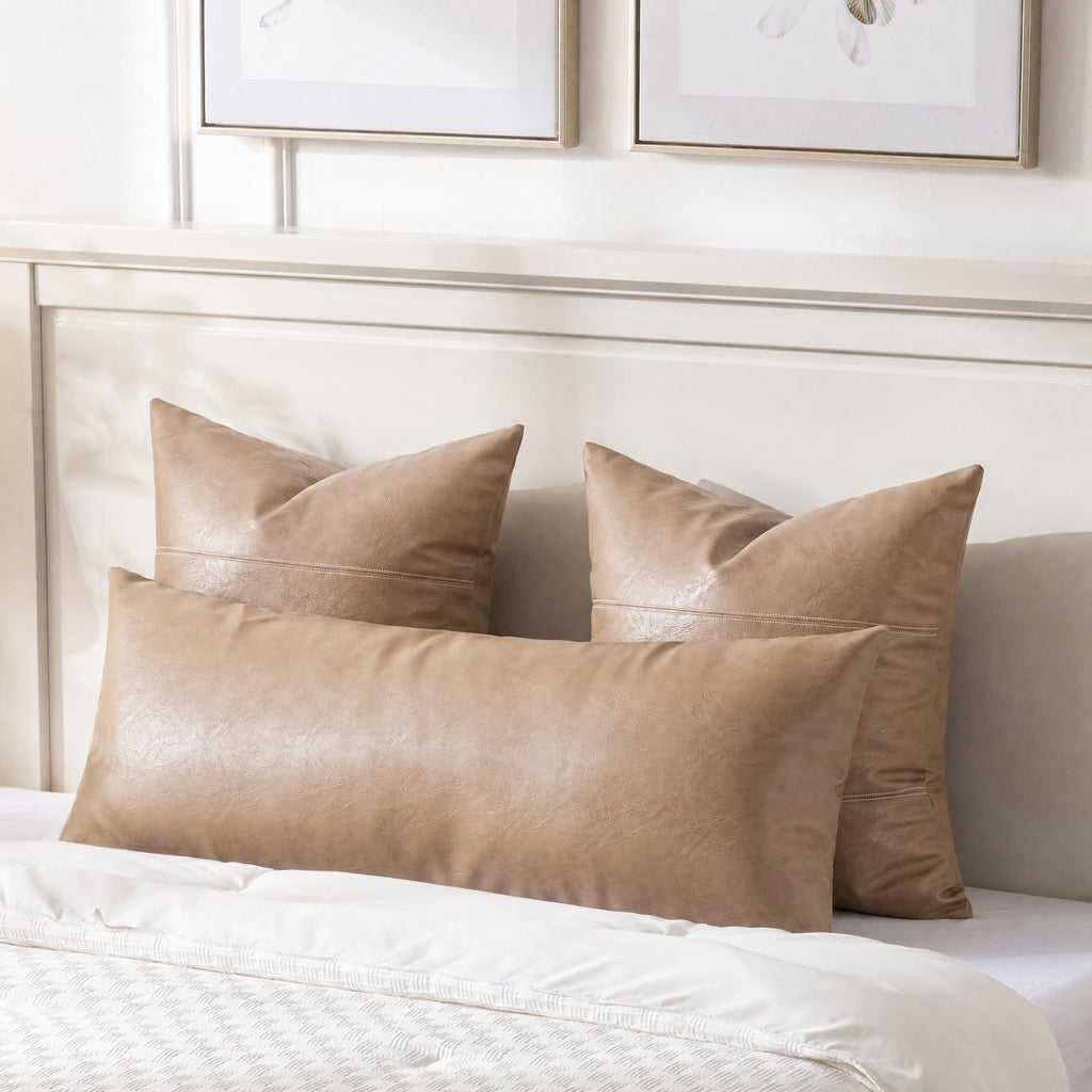 Tan Boho Long Lumbar Faux Leather Body Decorative Throw Pillow Cover 14x40 Inch Couch Bed Sofa, Stylish Solid
