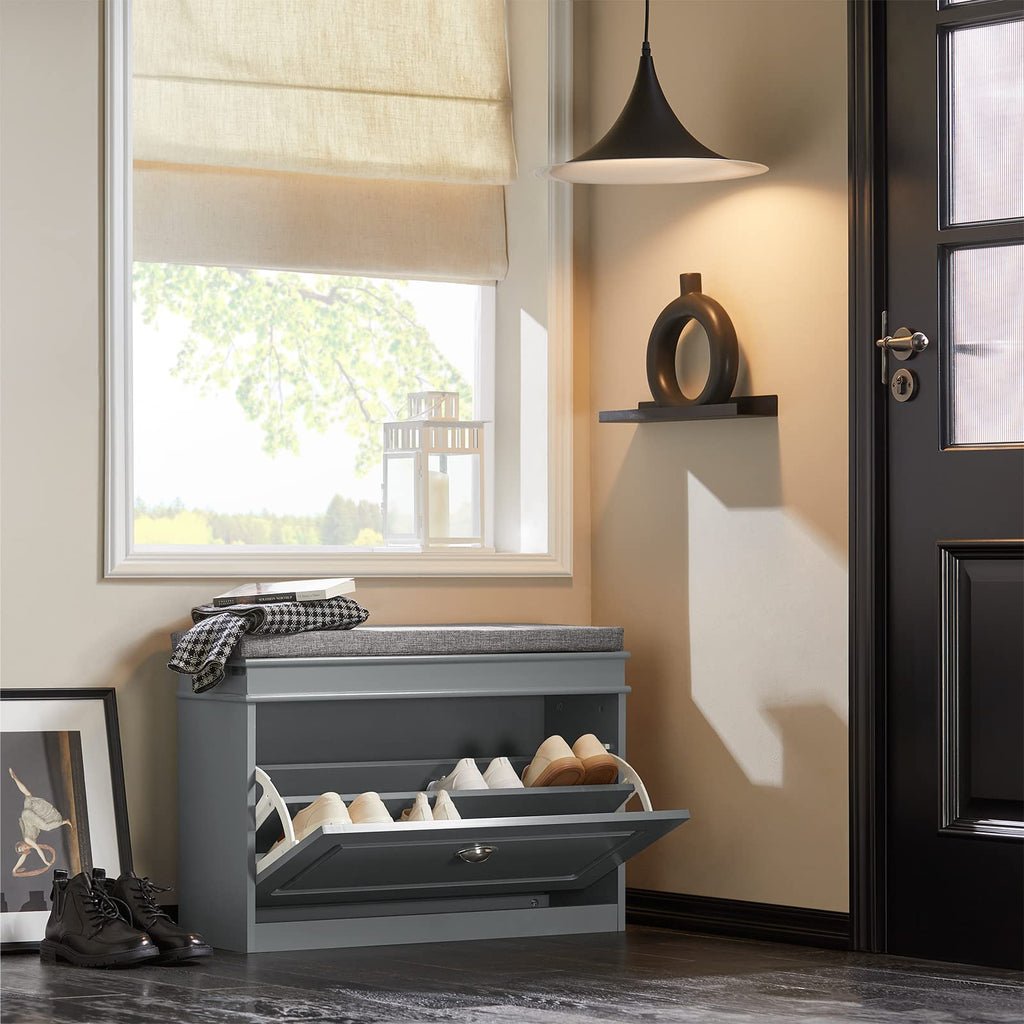 Shoe Storage Bench with Cushion, Grey Narrow Shoe Rack, Small Shoe Cabinet with Flip-Drawer, Closet Hallway Mudroom