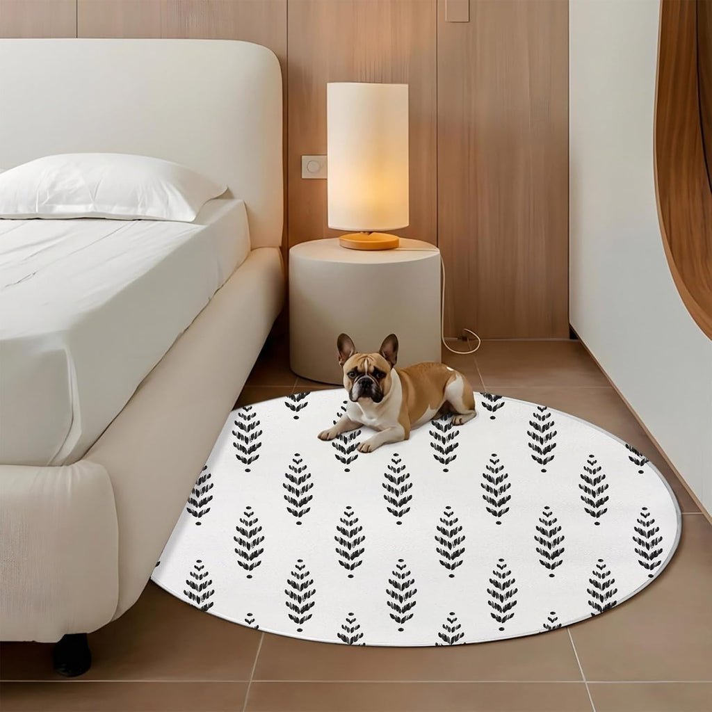 3ft Round Rug,Modern Scandi Botanical Leaves Washable Area Rugs Non-Slip Accent Rug Minimalist Black Leaf on White