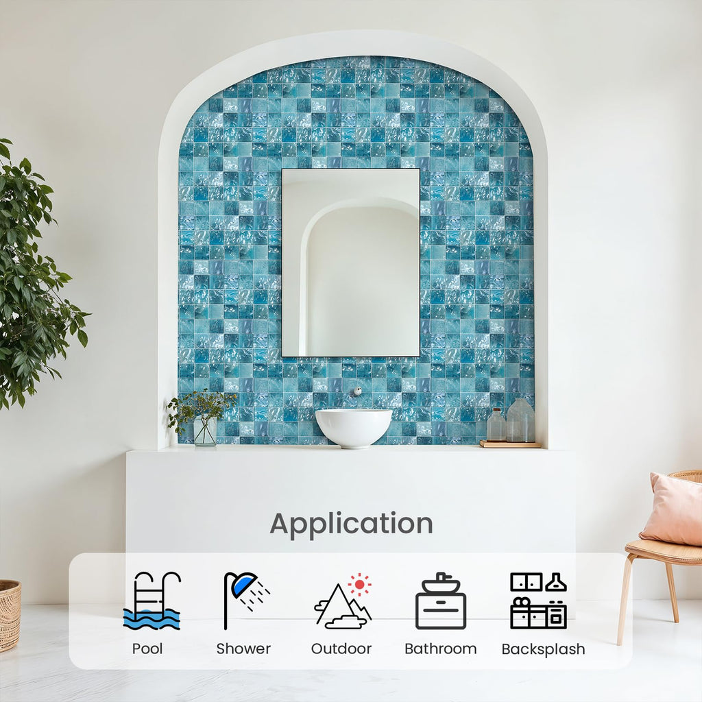 Glass Mosaic Pool Tiles Backsplash, 12" x 12" Aqua Blue 3D Wave Texture Square Tiles for Swimming Pool Accent Wall