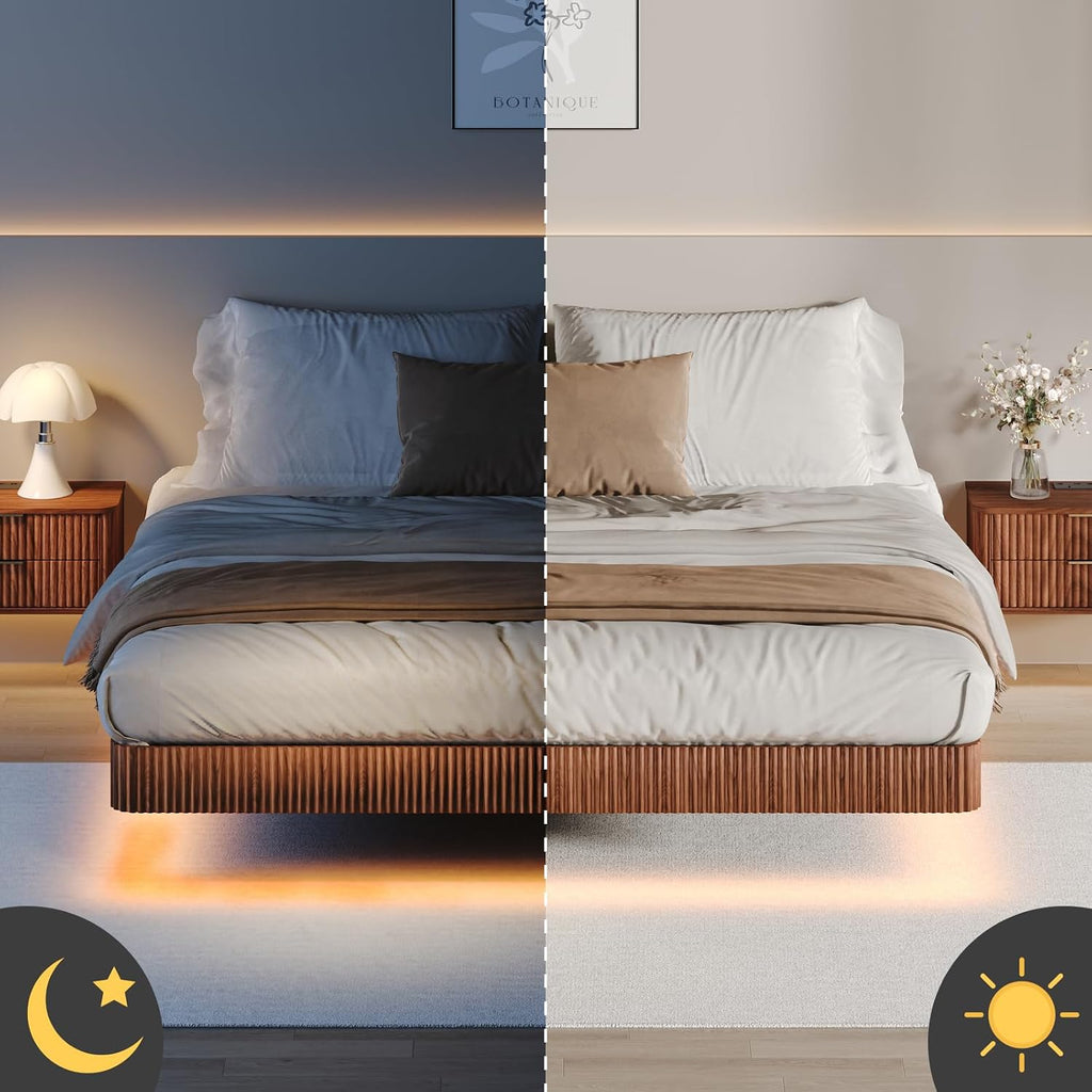 Classic Low Profile Floating Platform Bed, 10" High Floor Solid Wood Bed Frame With Led Ambient