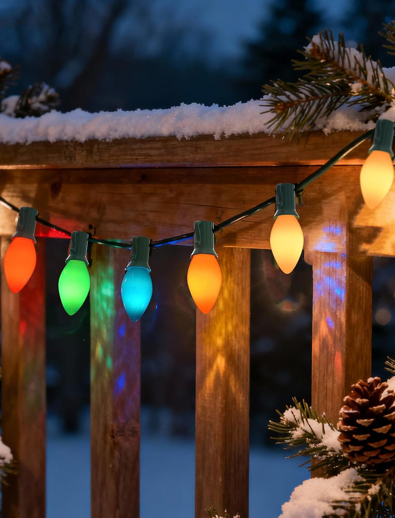 C7 LED Christmas String Lights 25FT, Vintage String Lights with 27 Multicolor Ceramic LED Bulbs, Outdoor Hanging