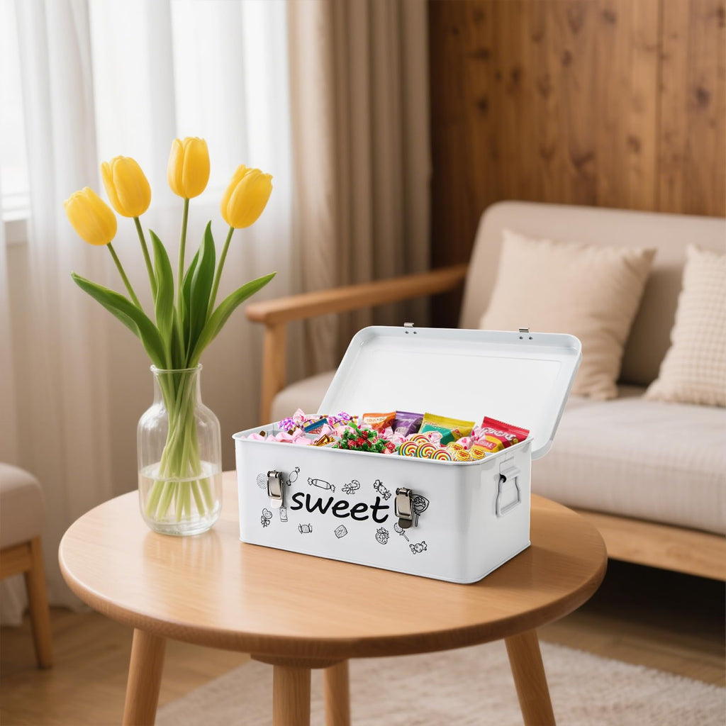 Candy Storage Box, 4 Compartments Metal Candy Cookies Snacks Storage Tin Box with Lid Food Storage Container