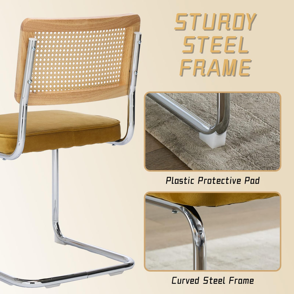 Velvet Dining Chairs Set of 6 Handwoven Rattan Back Upholstered Seat&Chrome Base Mid Century Kitchen Chair, Gold